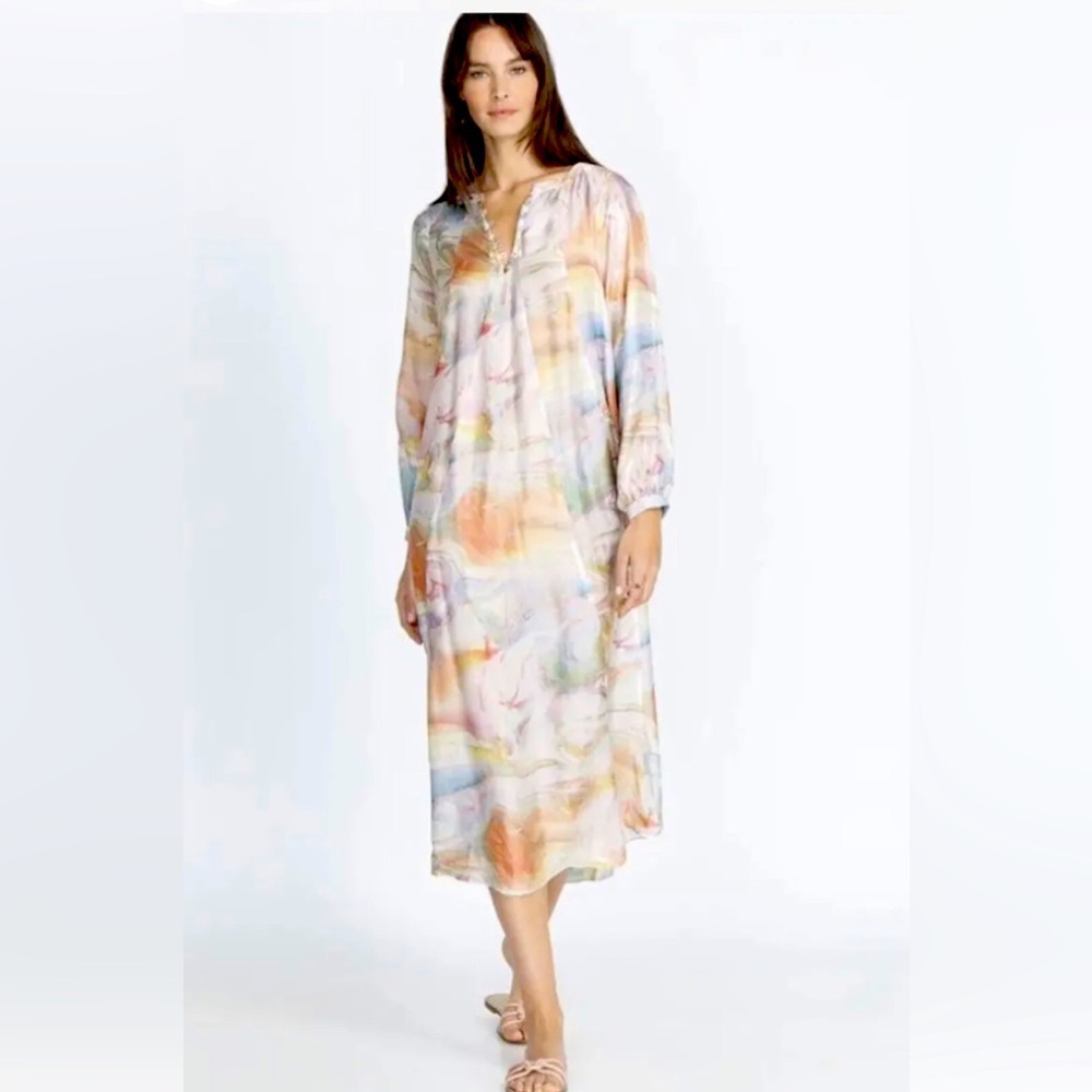 NWOT Johnny Was Calme Marble Print Puff Sleeve Kaftan Maxi Dress Size M